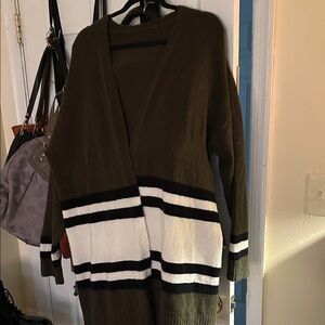Olive and White Striped Women's Sweater
